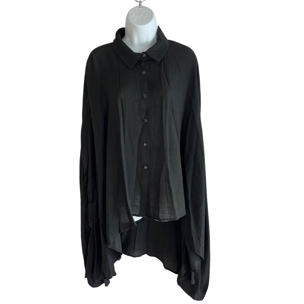 Striking Black Oversized Button-Up Blouse W/ Unique Draped Sleeves & High-Low He